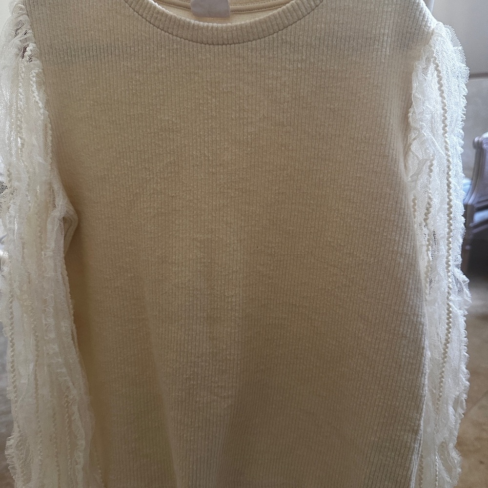Zara Cream Crew Neck Sweater with Textured Sleeves